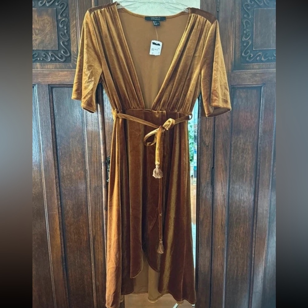 Forever 21 Velvet Wrap Midi Dress in Mustard Yellow